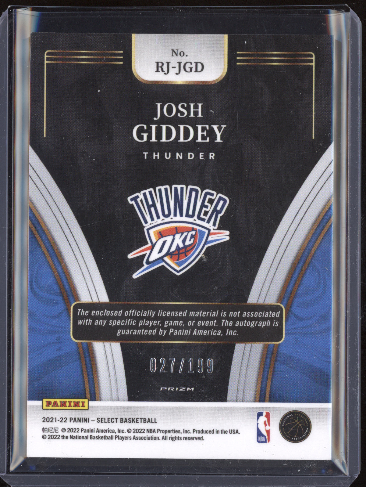 Josh Giddey 2021-22 Panini Select RJ-JGD Rookie Jersey Auto RC 27/199