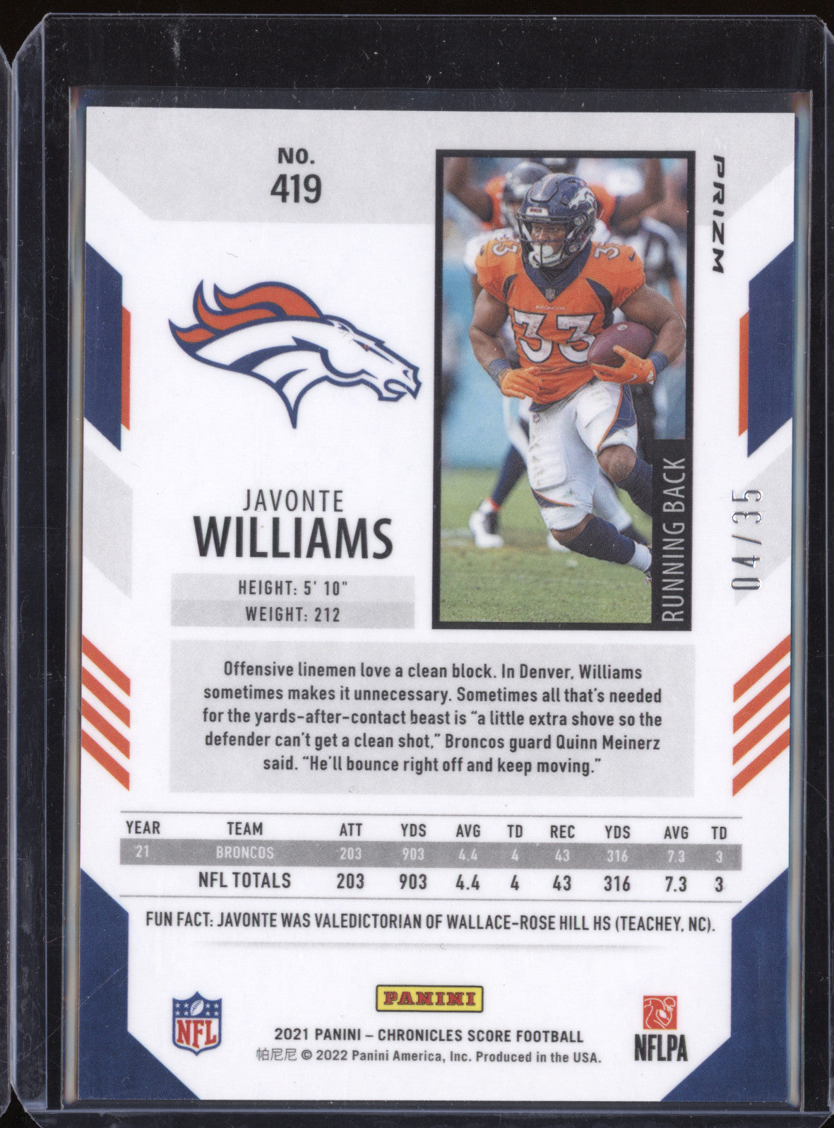 Javonte Williams 2021 Panini Chronicles 419 Score Artist Proof Blue RC 4/35