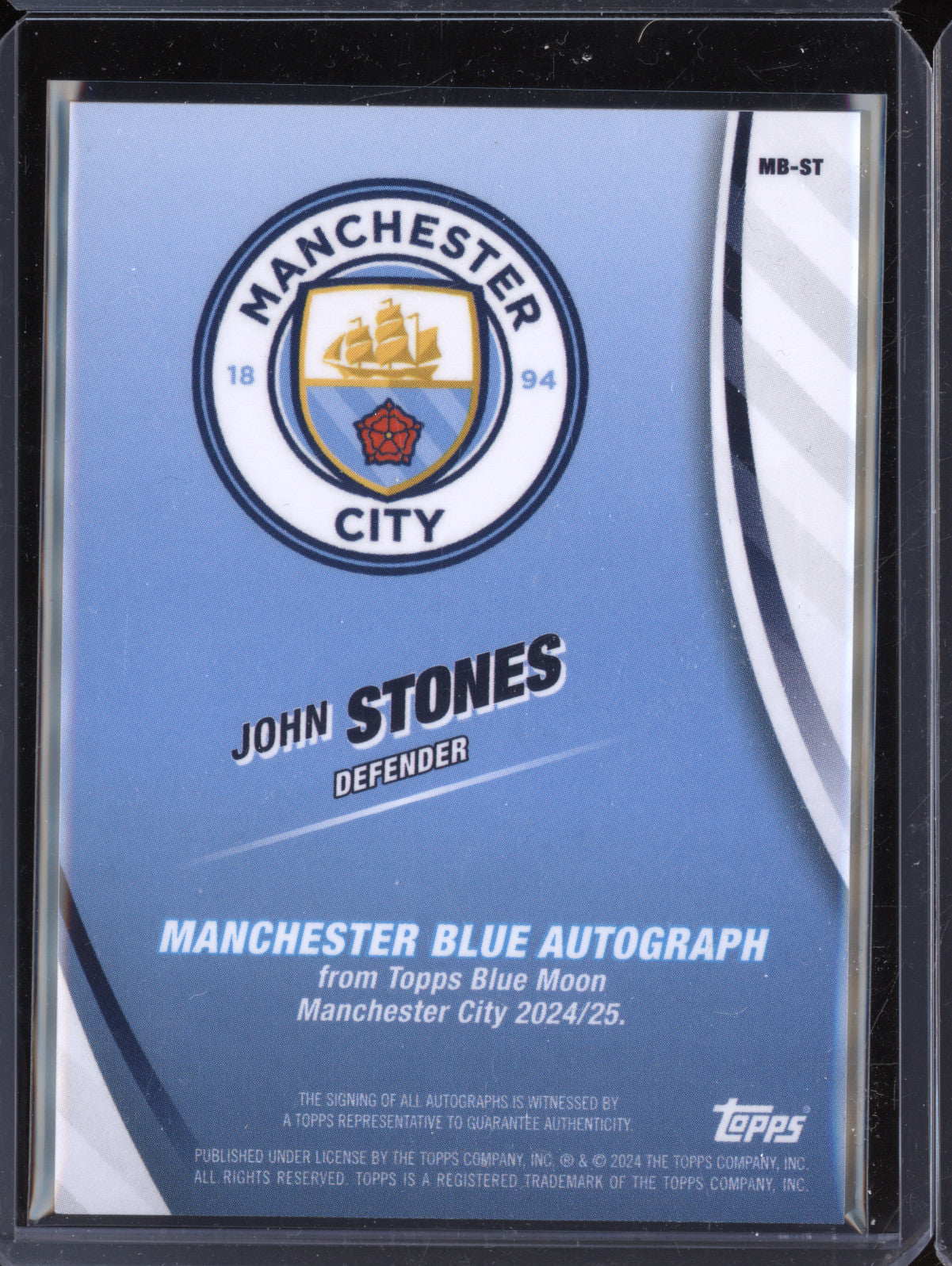 John Stones 2024-25 Topps Blue Moon Manchester City Manchester Blue Auto 13/25