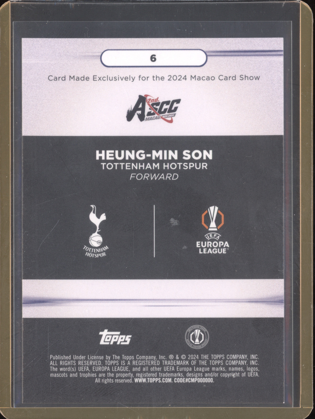 Heung-Min Son 2024 Topps ASCC Macao Card Show 6 Gold 32/50