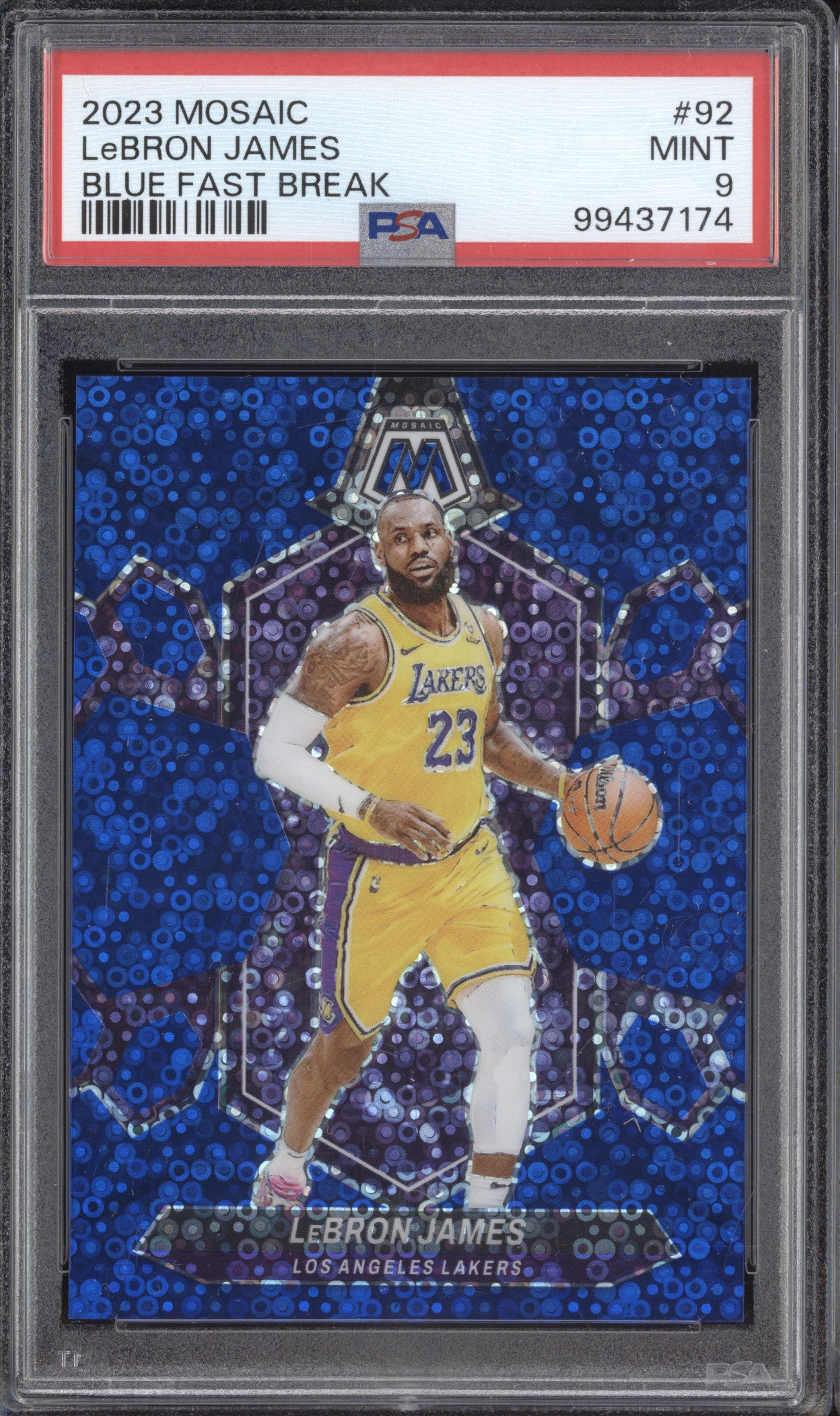 LeBron James 2023-24 Panini Mosaic 92 Blue Fast Break 23/85 PSA 9
