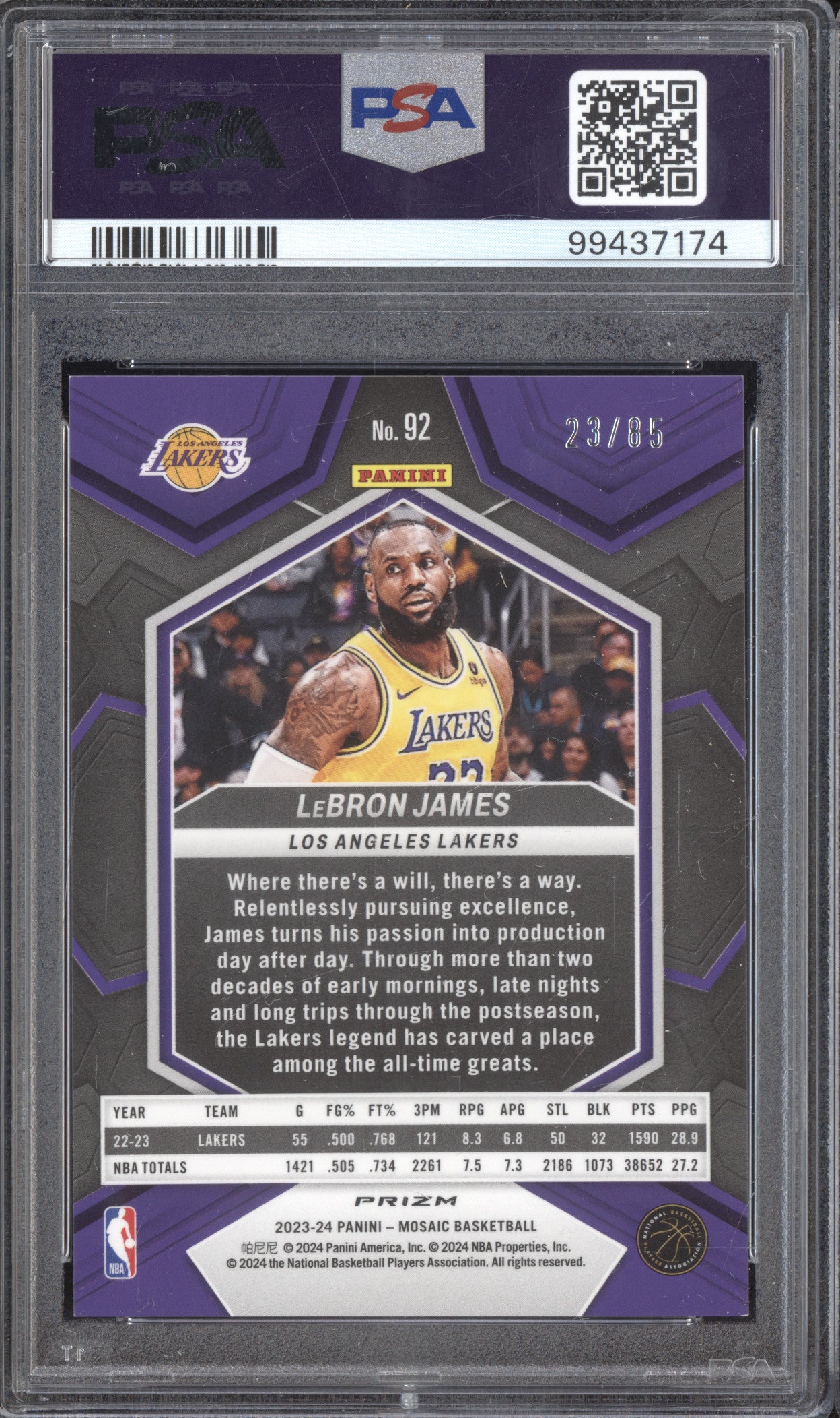 LeBron James 2023-24 Panini Mosaic 92 Blue Fast Break 23/85 PSA 9