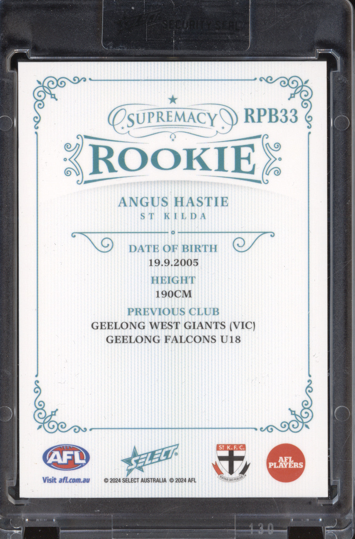 Angus Hastie 2024 Select Supremacy Rookies RPB33 Rookies Platinum Blue RC 54/75