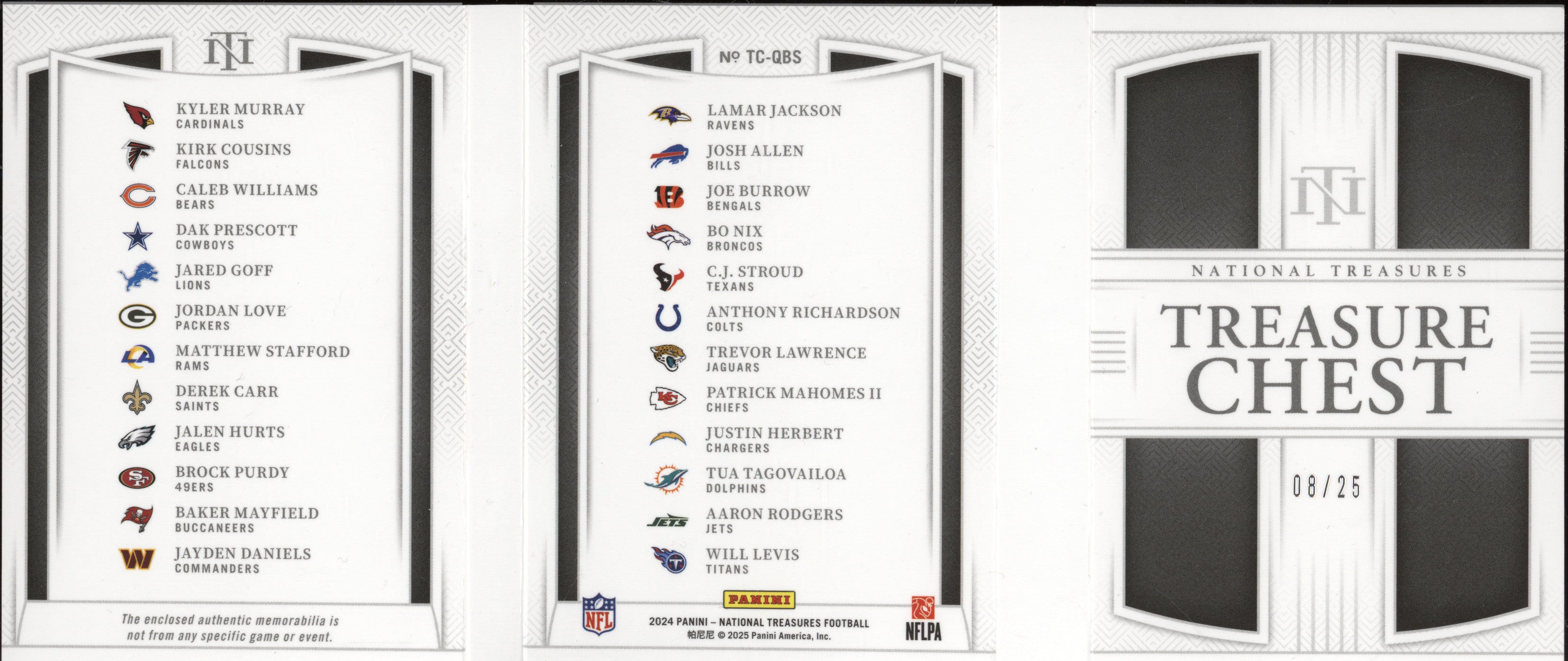Williams Nix Daniels 2024 Panini NT TC-QBS Treasure Chest Booklet 8/25