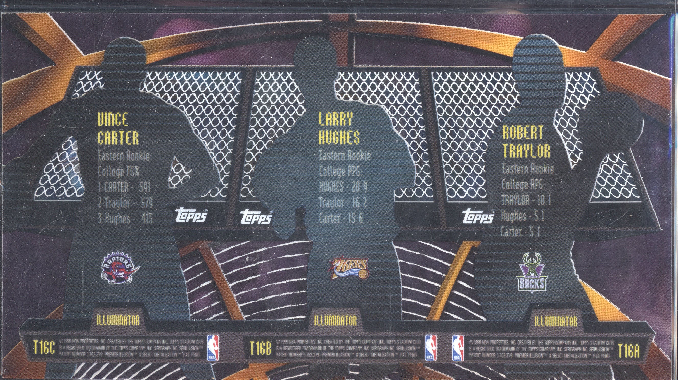 Traylor Hughes Vince Carter 1998-99 Topps Stadium Club Triumvirate Illuminator Uncut