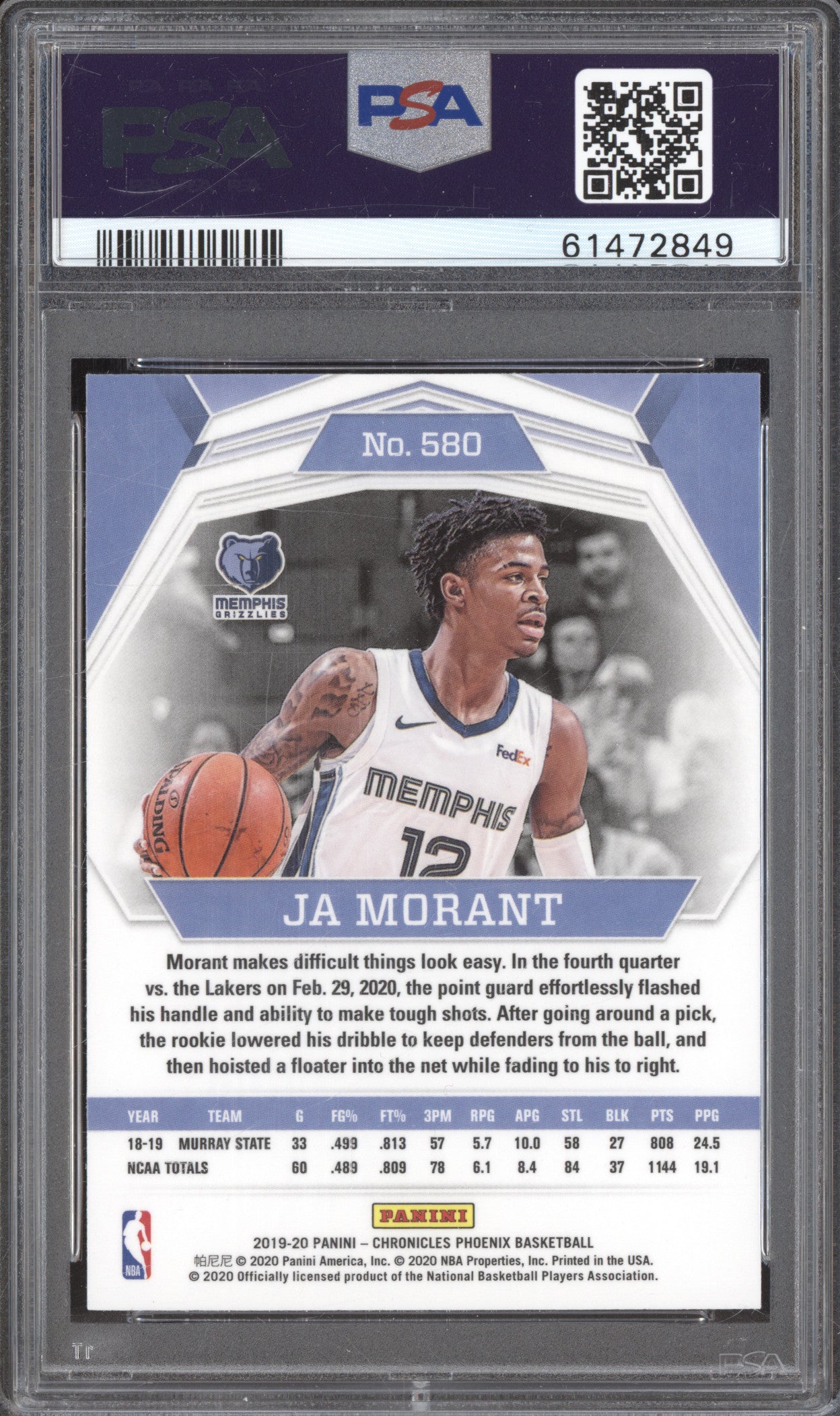 2019-20 Panini Chronicles 580 Ja Morant Phoenix RC PSA 10