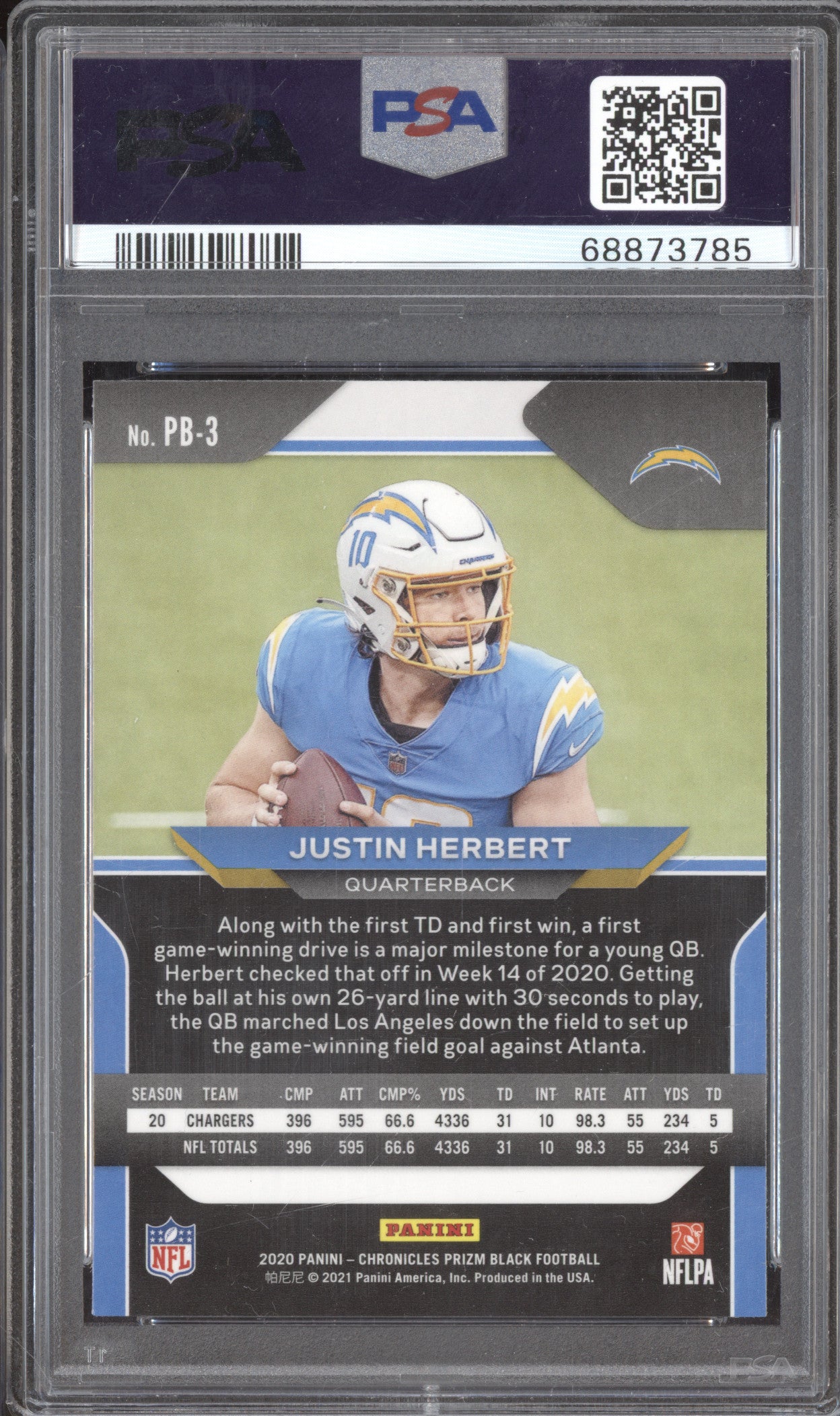 2020 Panini Chronicles Football PB3 Justin Herbert Prizm Black RC PSA 10