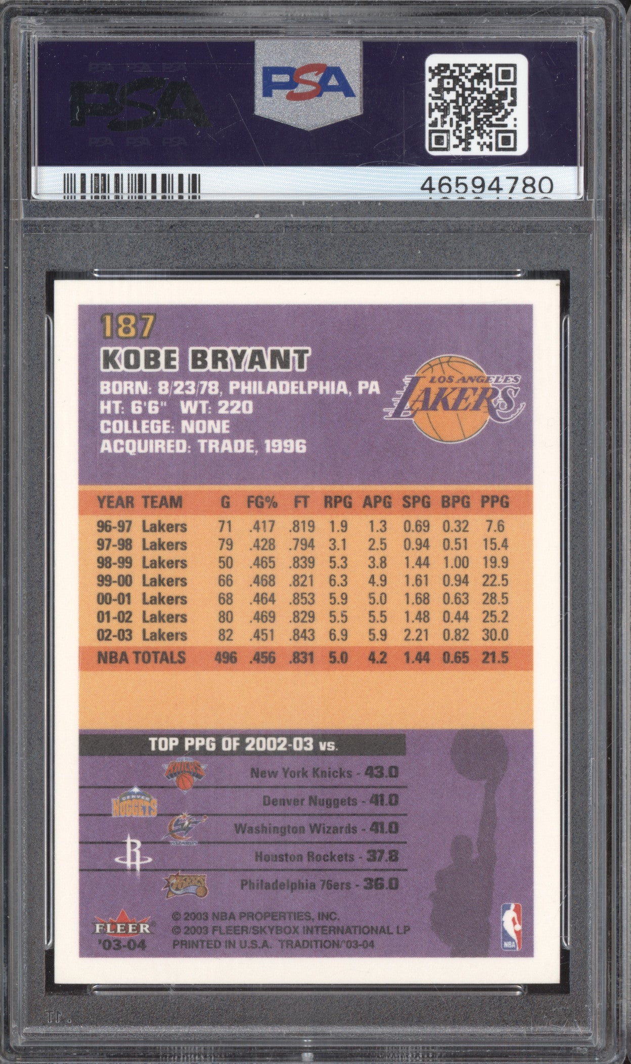 Kobe Bryant 2003-04 Fleer 187 PSA 9
