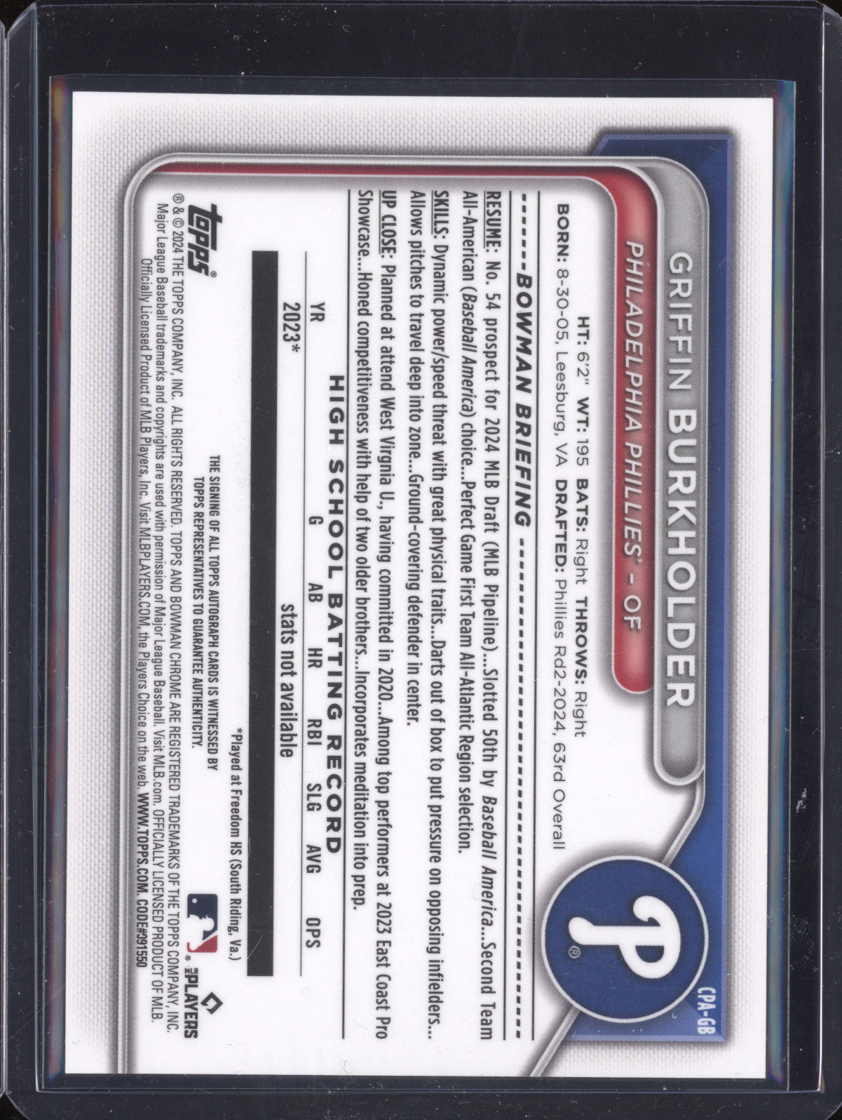 Griffin Burkholder 2024 Bowman Chrome CPA-GB Chrome Prospect 1st Auto