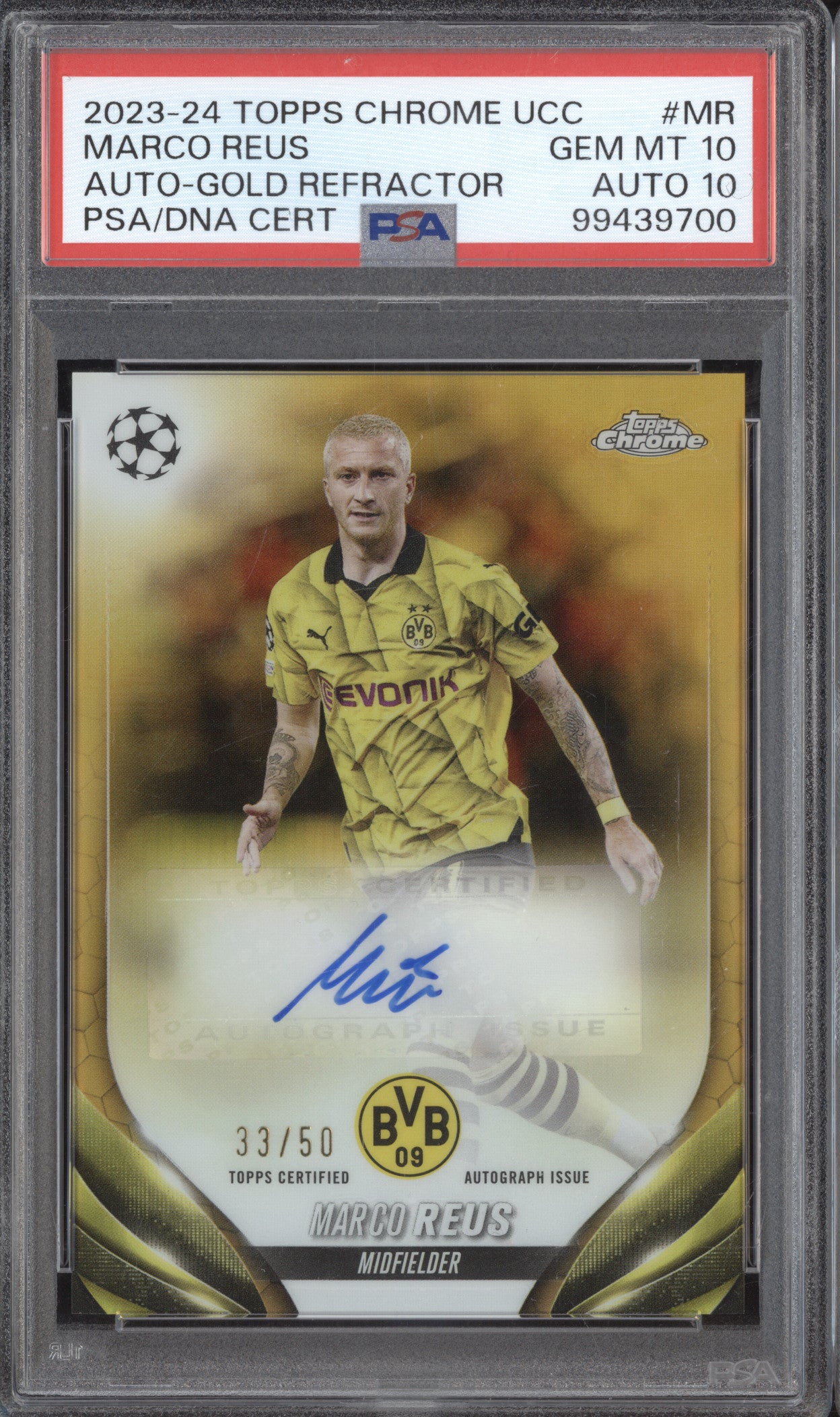 Marco Reus 2023-24 Topps Chrome UCC CA-MR Auto Gold Refractor 33/50 PSA 10/10