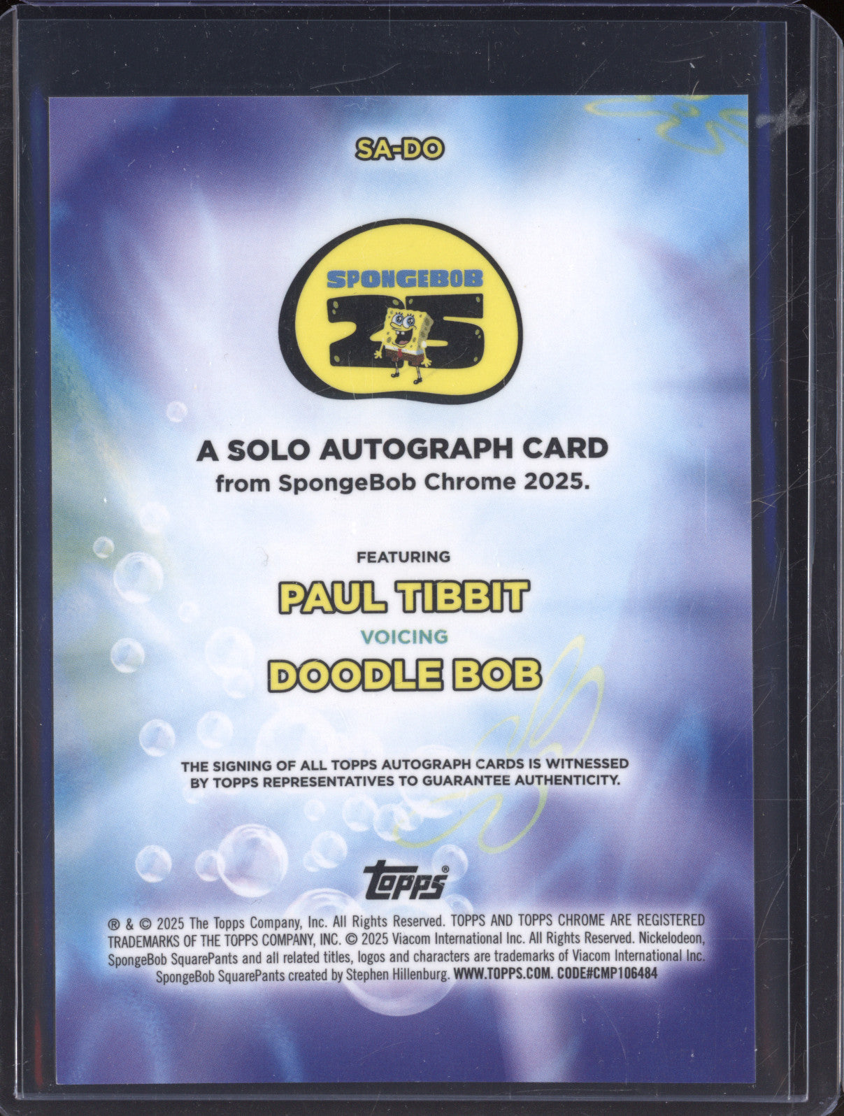 2025 Topps Chrome SpongeBob 25th Anniversary Doodle Bob Auto SA-DO Paul Tibbit