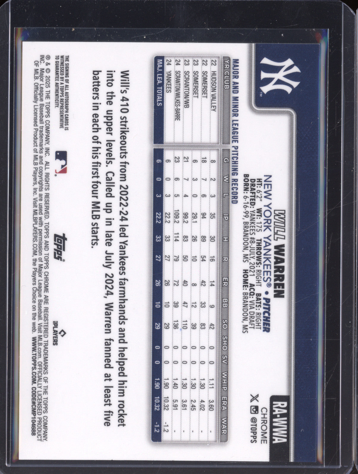 Will Warren 2025 Topps Chrome RA-WWA Green/Yellow Lava Lamp Auto Rookie RC /125