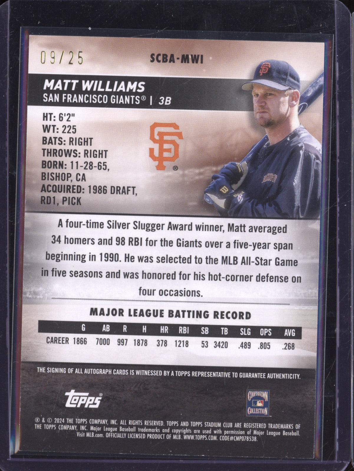 Matt Williams 2024 Topps Stadium Club SCBA-MWI Autograph