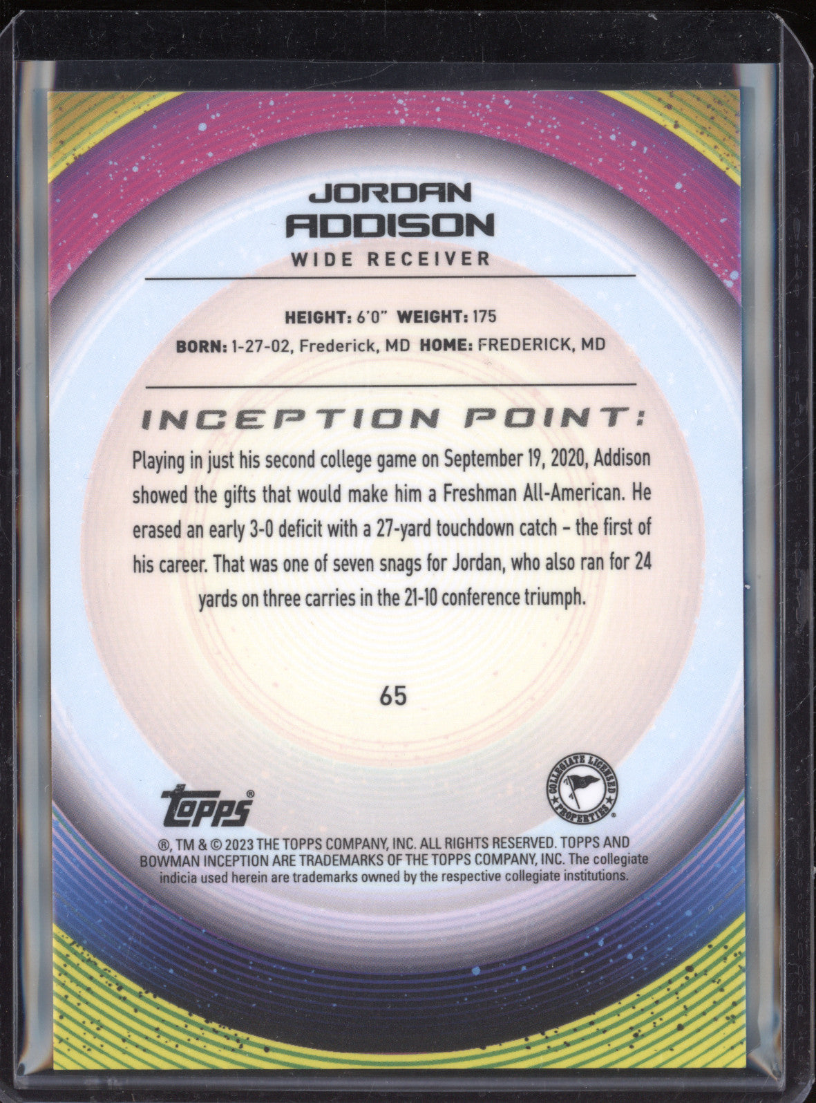 Jordan Addison 2023 Topps Bowman U 65 Aqua V1 86/199
