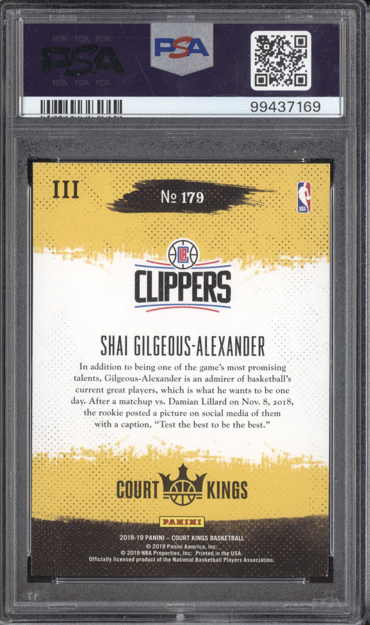 Shai Gilgeous-Alexander 2018-19 Panini Court Kings 179 Level III RC PSA 9