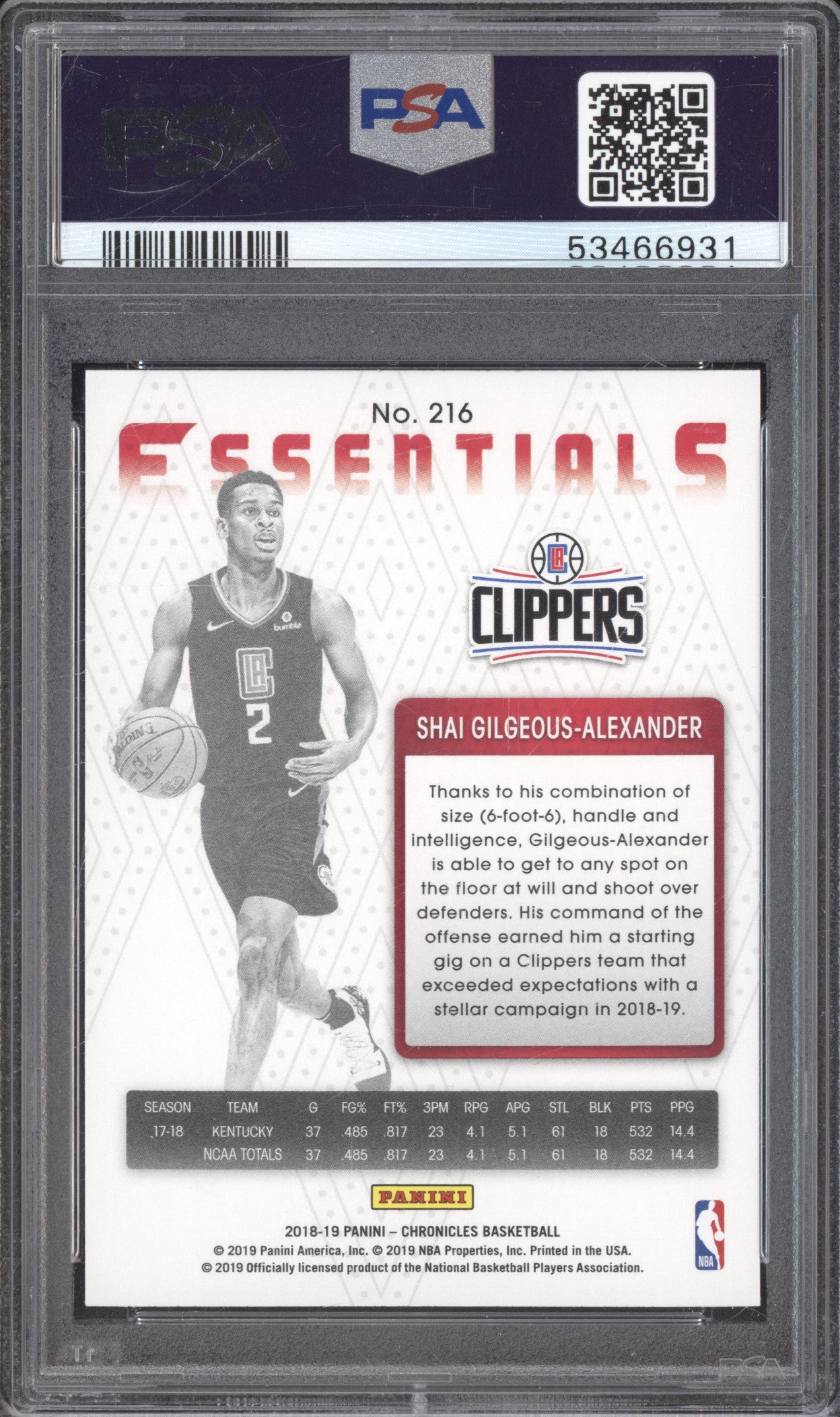 2018-19 Panini Chronicles 216 Shai Gilgeous-Alexander Essentials RC PSA 9