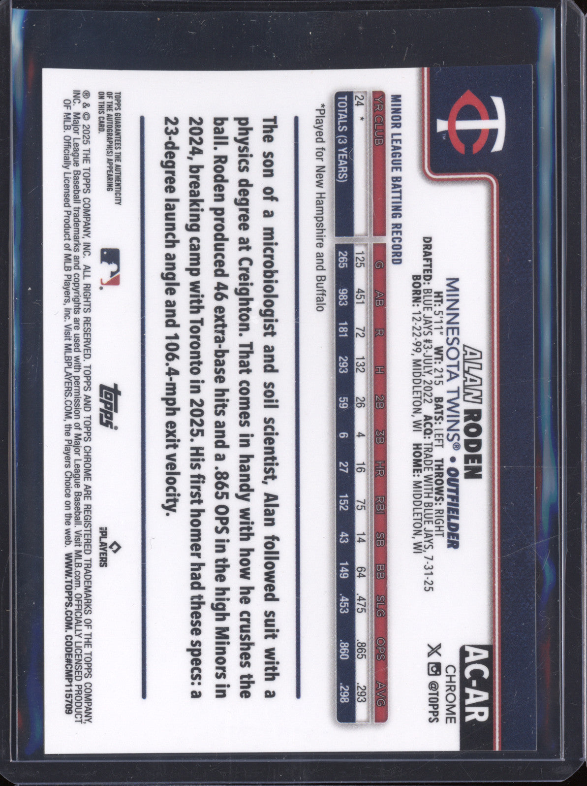 Alan Roden 2025 Topps Chrome Update AC-AR Blue Refractor Auto RC /150