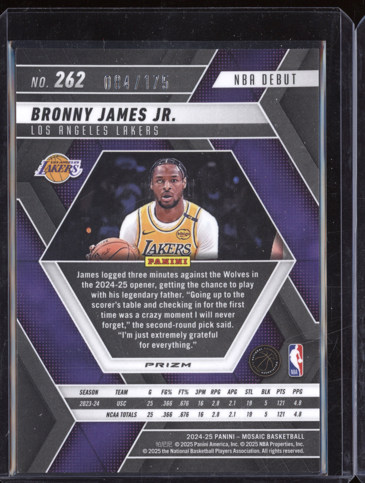 Bronny James Jr. 2024-25 Panini Mosaic 262 NBA Debut Pink RC 84/175