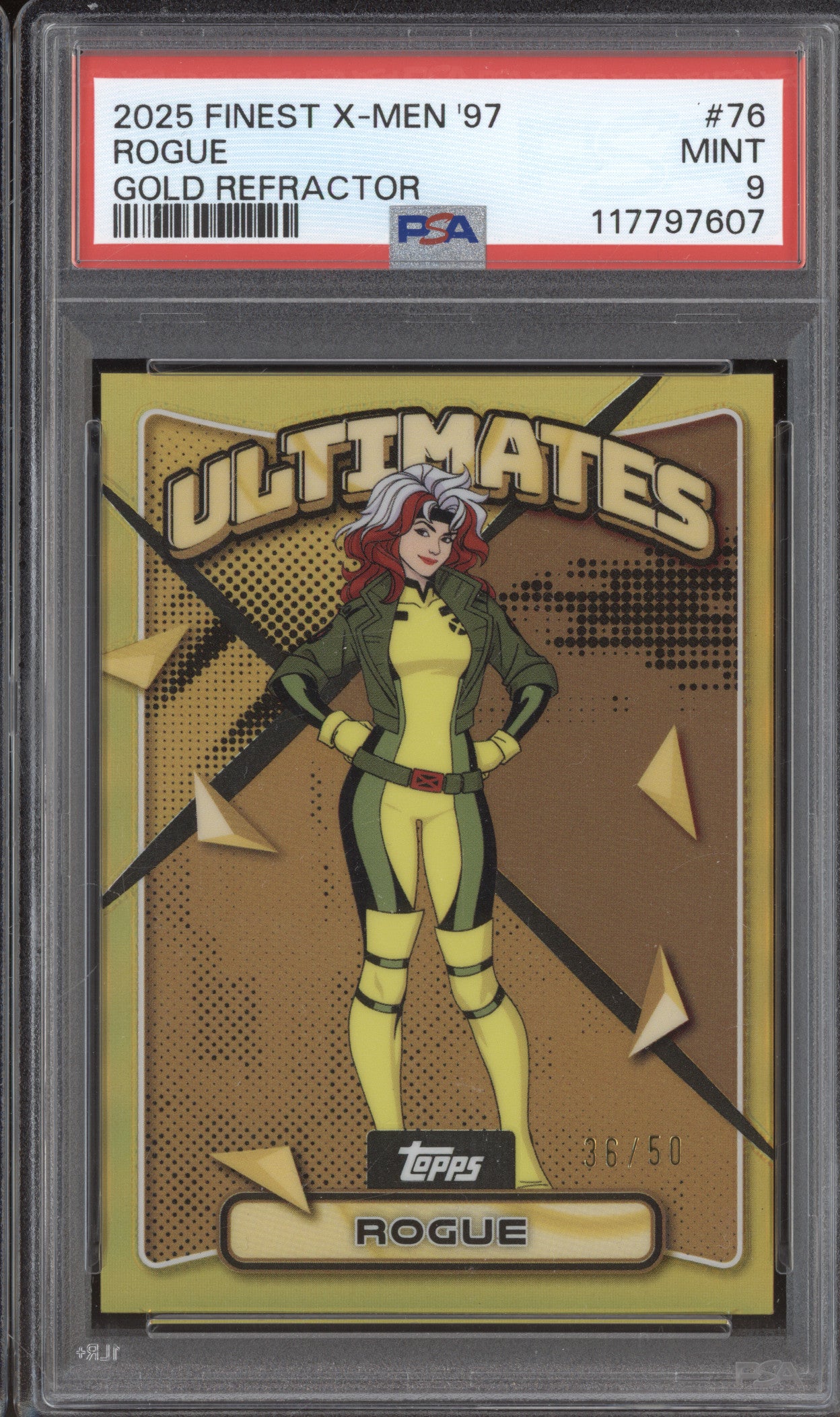 Rogue 2025 Topps Finest X-Men '97 76 Gold Refractor 36/50 PSA 9