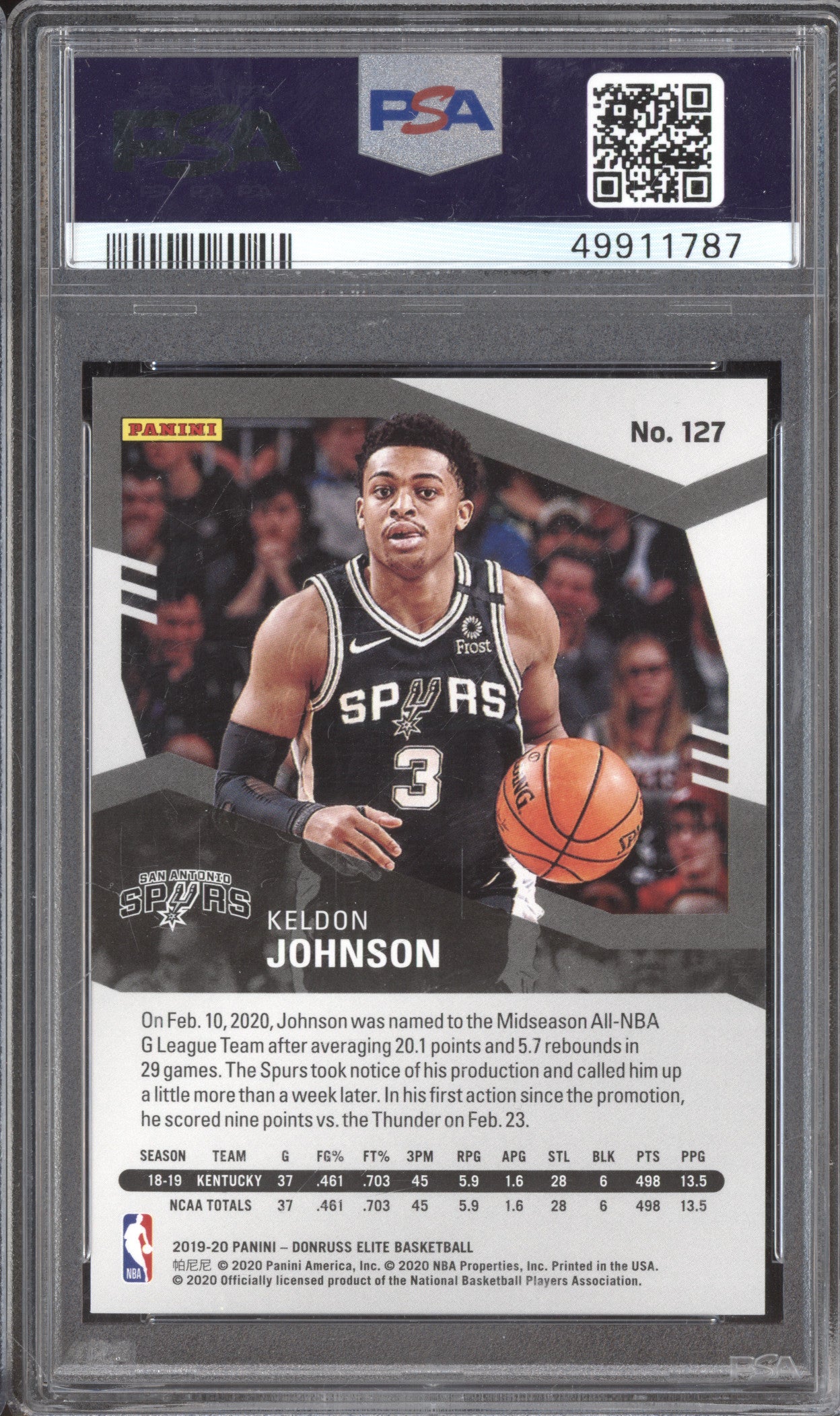 2019 Donruss Elite 127 Keldon Johnson /299 RC PSA 9