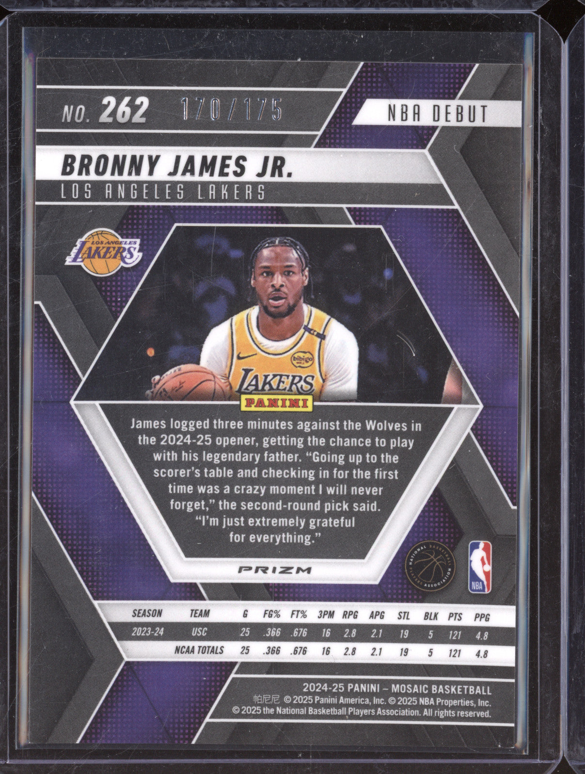 Bronny James Jr. 2024-25 Panini Mosaic 262 NBA Debut Pink RC 170/175