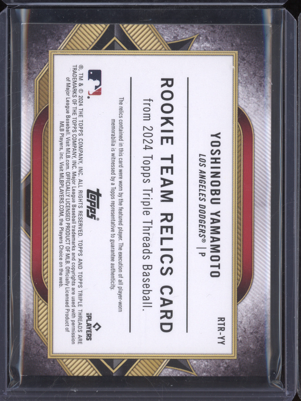 Yoshinobu Yamamoto 2024 Topps Triple Threads RTR-YY Rookie Team Relics RC 16/18