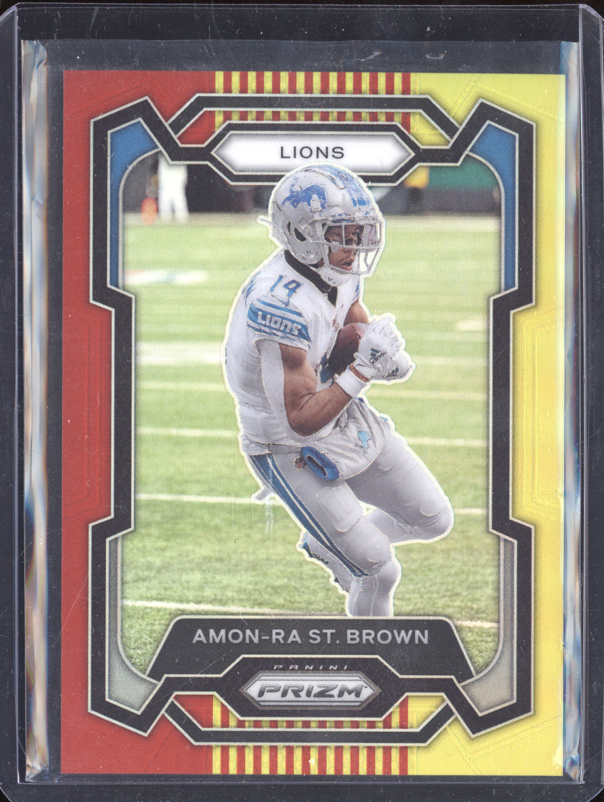 Amon-Ra St Brown 2023 Panini Prizm 96 Red and Yellow 34/44
