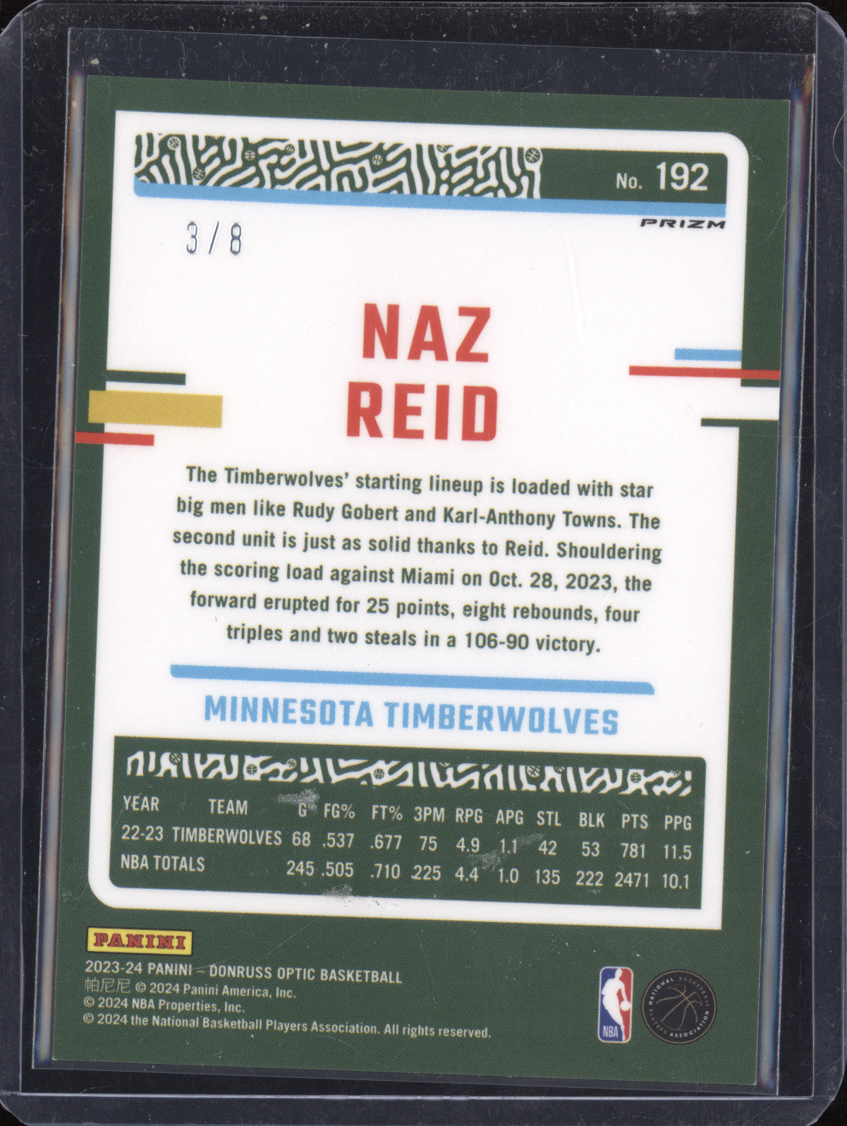 Naz Reid 2023-24 Panini Donruss Optic 192 Black Gold Choice 3/8