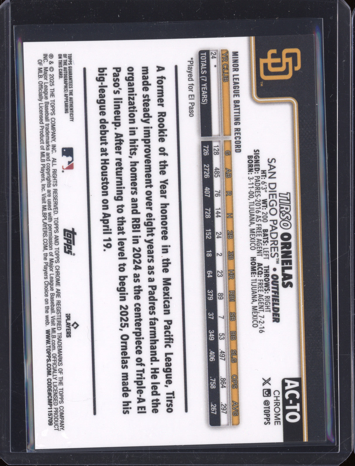 Tirso Ornelas 2025 Topps Chrome Update AC-TO Aqua Wave RC Auto /199