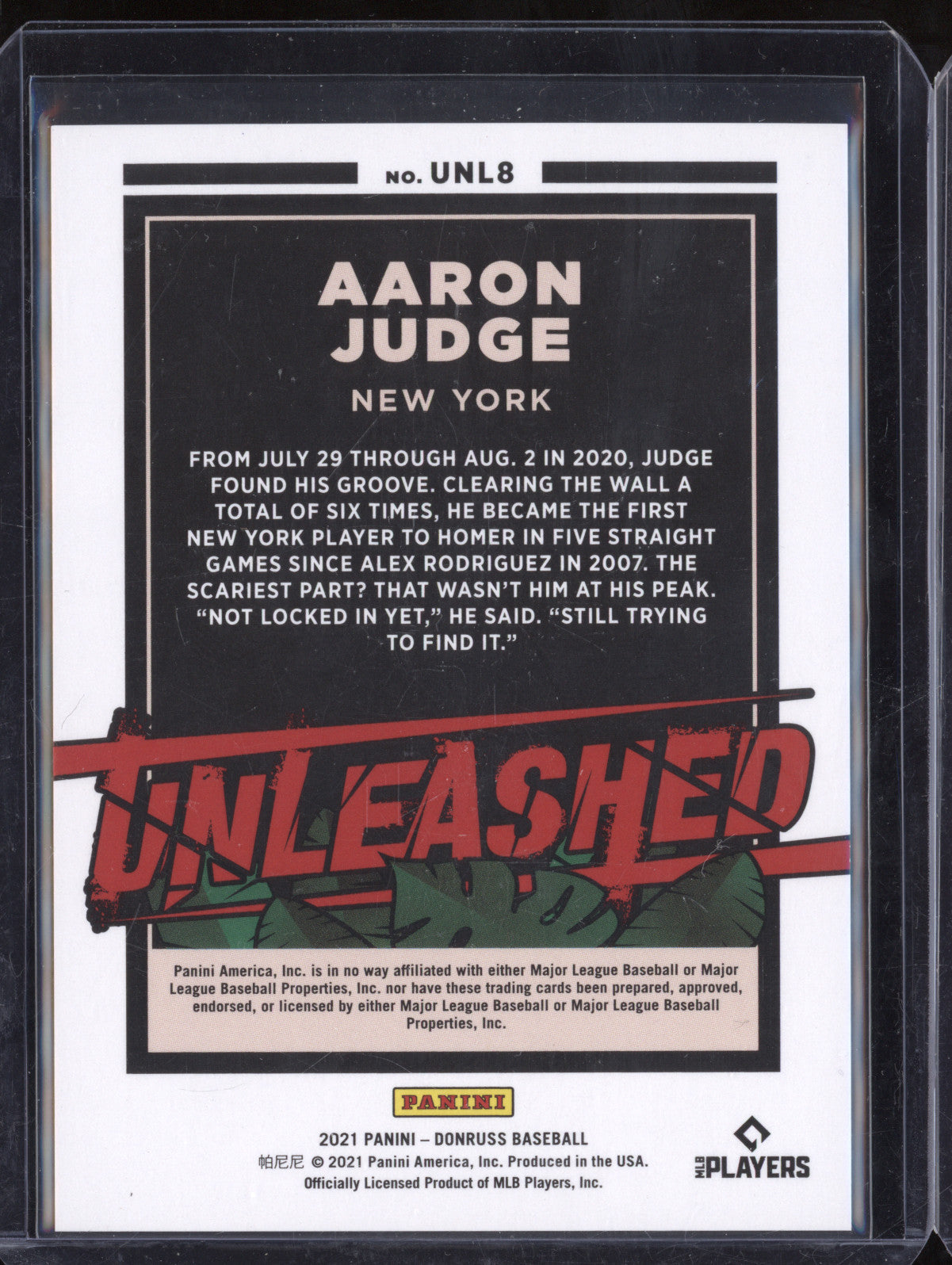 Aaron Judge 2021 Panini Donruss UNL8 Unleashed Blue 68/249