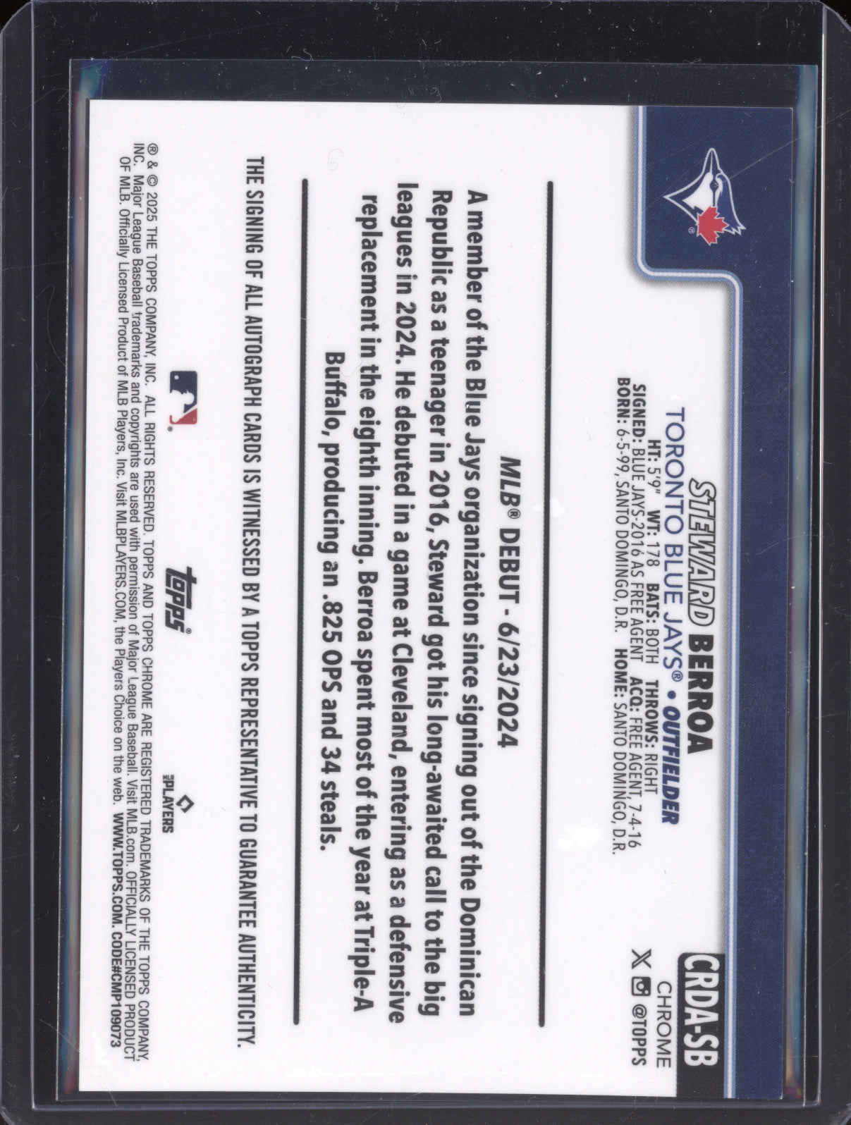 Steward Berroa 2025 Topps Chrome Update CRDA-SB Purple Speckle RC Auto /299