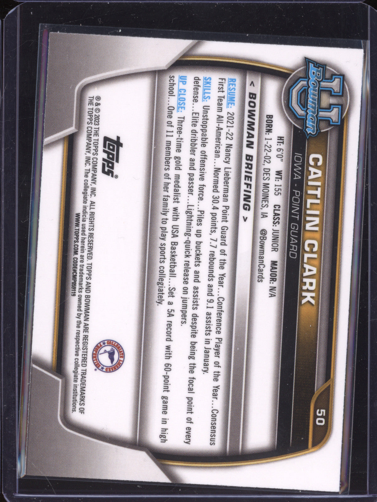 Caitlin Clark 2022-23 Bowman Chrome University 50 1st Bowman RC