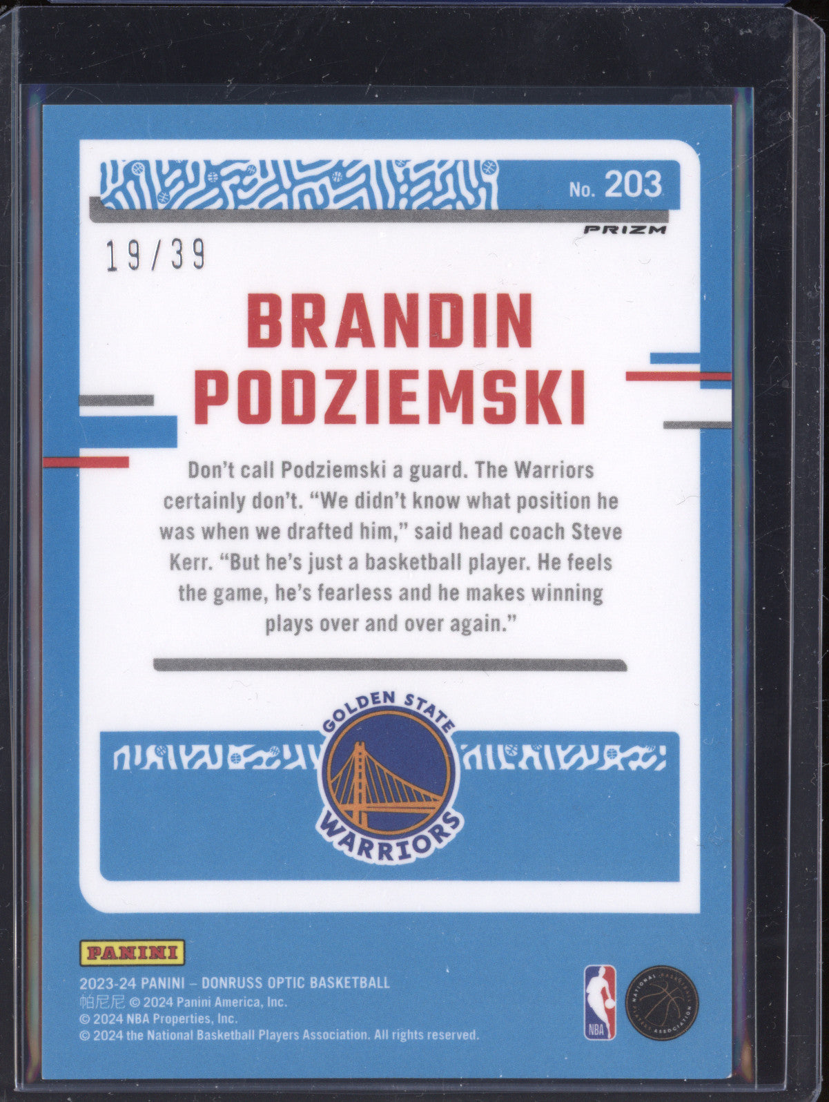Brandin Podziemski 2023-24 Panini Donruss Optic 203 Black Velocity 19/39