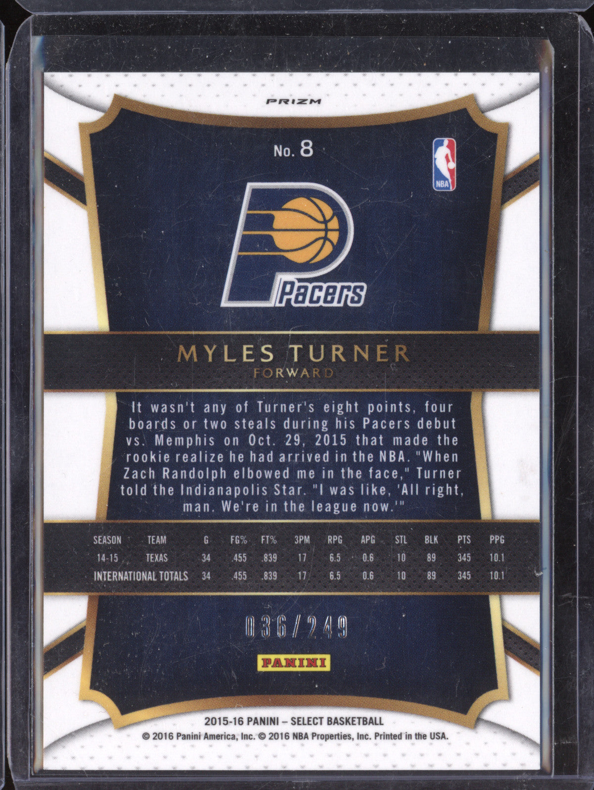 Myles Turner 2015-16 Panini Select 8 Blue RC 36/249