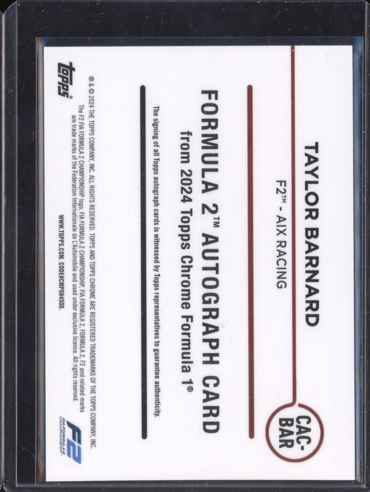 Taylor Barnard 2024 Topps Chrome F1 CAC-BAR Chrome Auto Gold 34/50