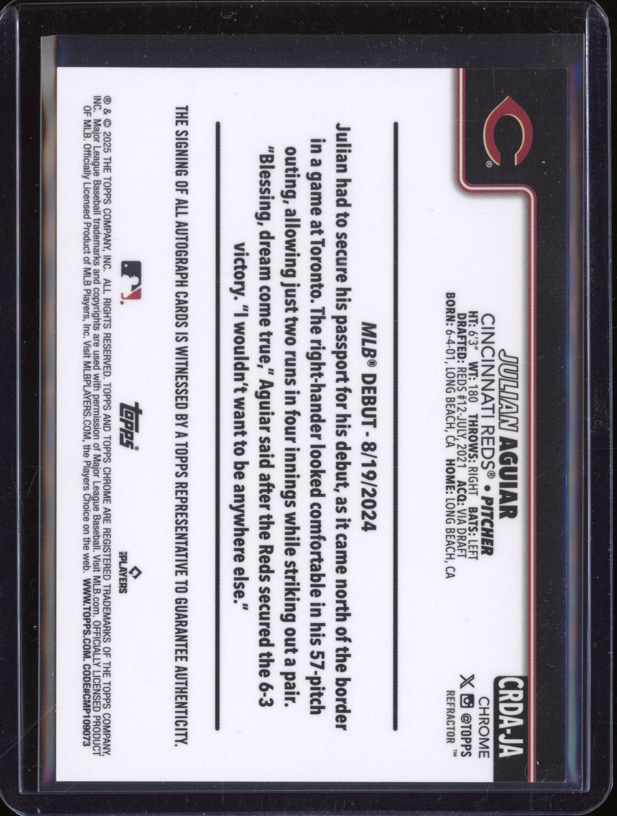 Julian Aguiar 2025 Topps Chrome Update CRDA-JA Refractor RC Auto /499