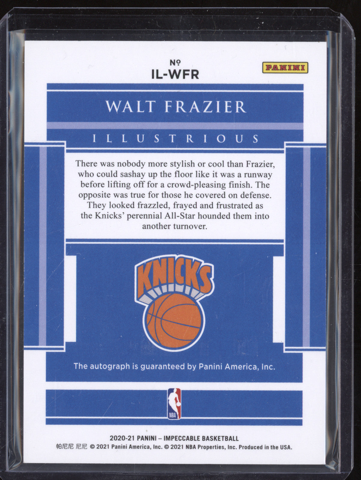 Walt Frazier 2020-21 Panini Impeccable IL-WFR Illustrious Ink Auto 15/25