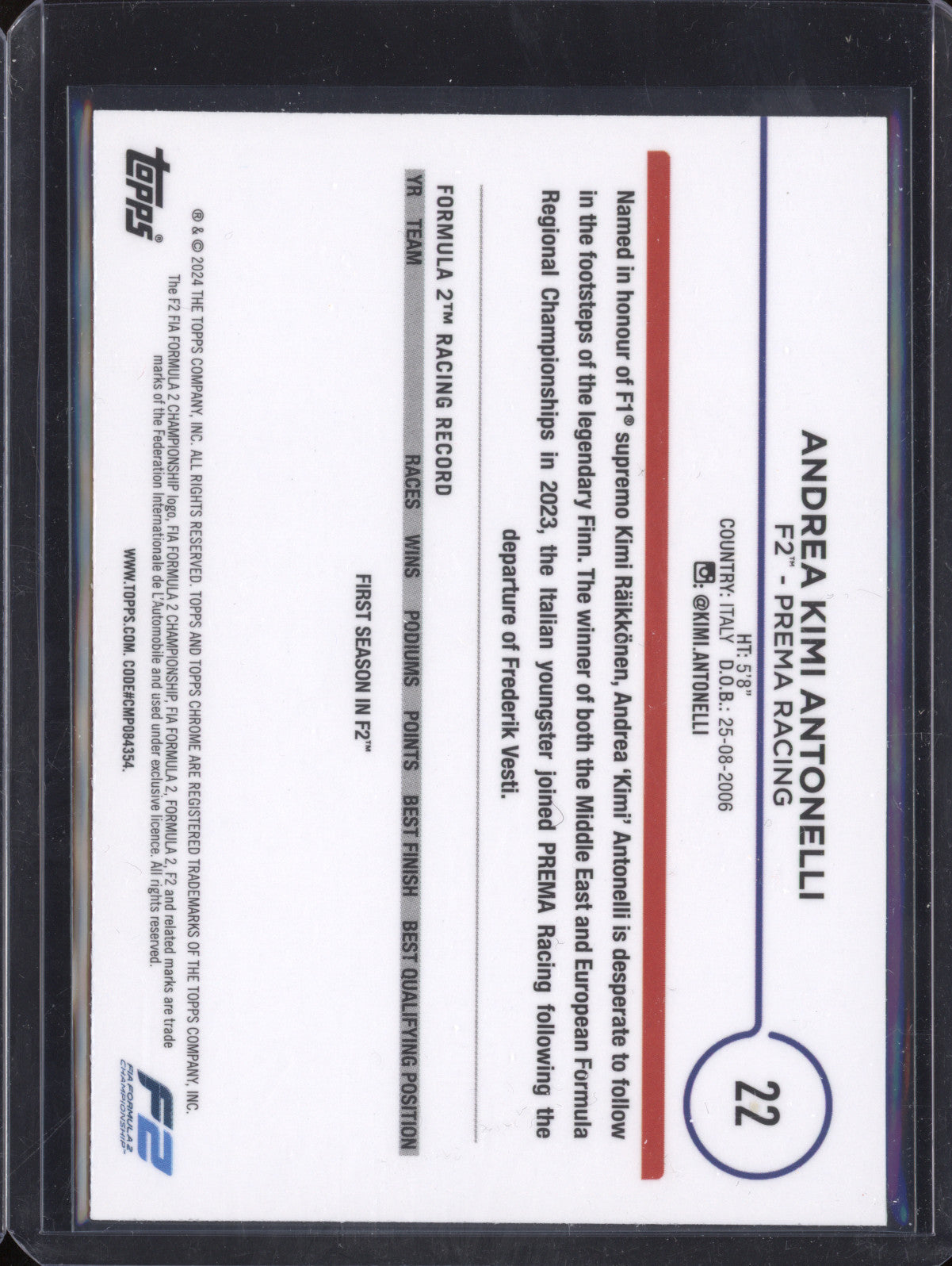 Andrea Kimi Antonelli 2024 Topps Chrome F1 22 Checker Flag