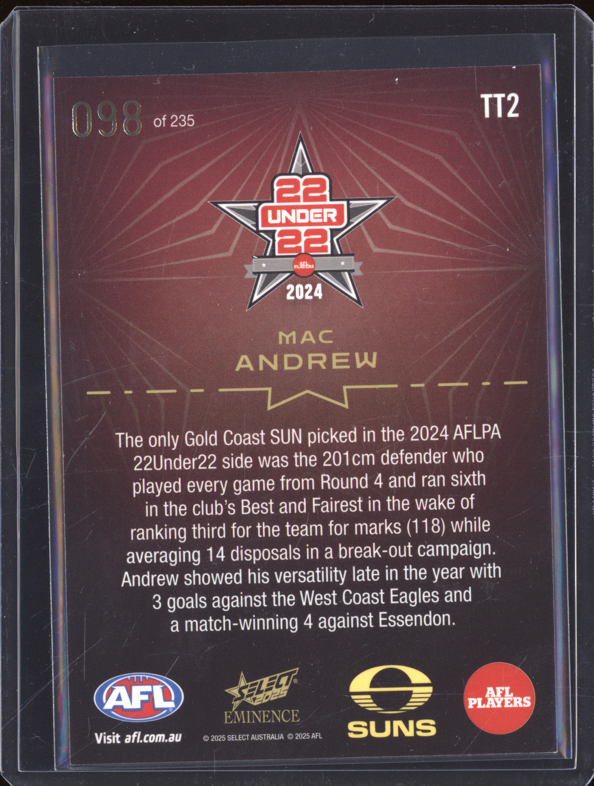 2025 AFL Select Eminence TT2 Mac Andrew 22 Under 22 098/235