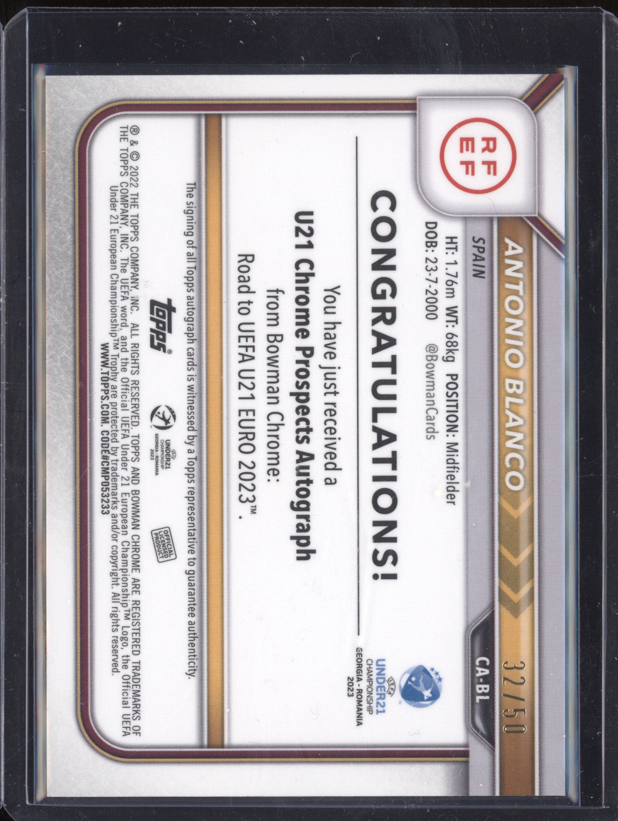 Antonio Blanco 2022 Bowman Chrome Under 21 Euro CA-BL 1st Gold Shimmer Auto /50