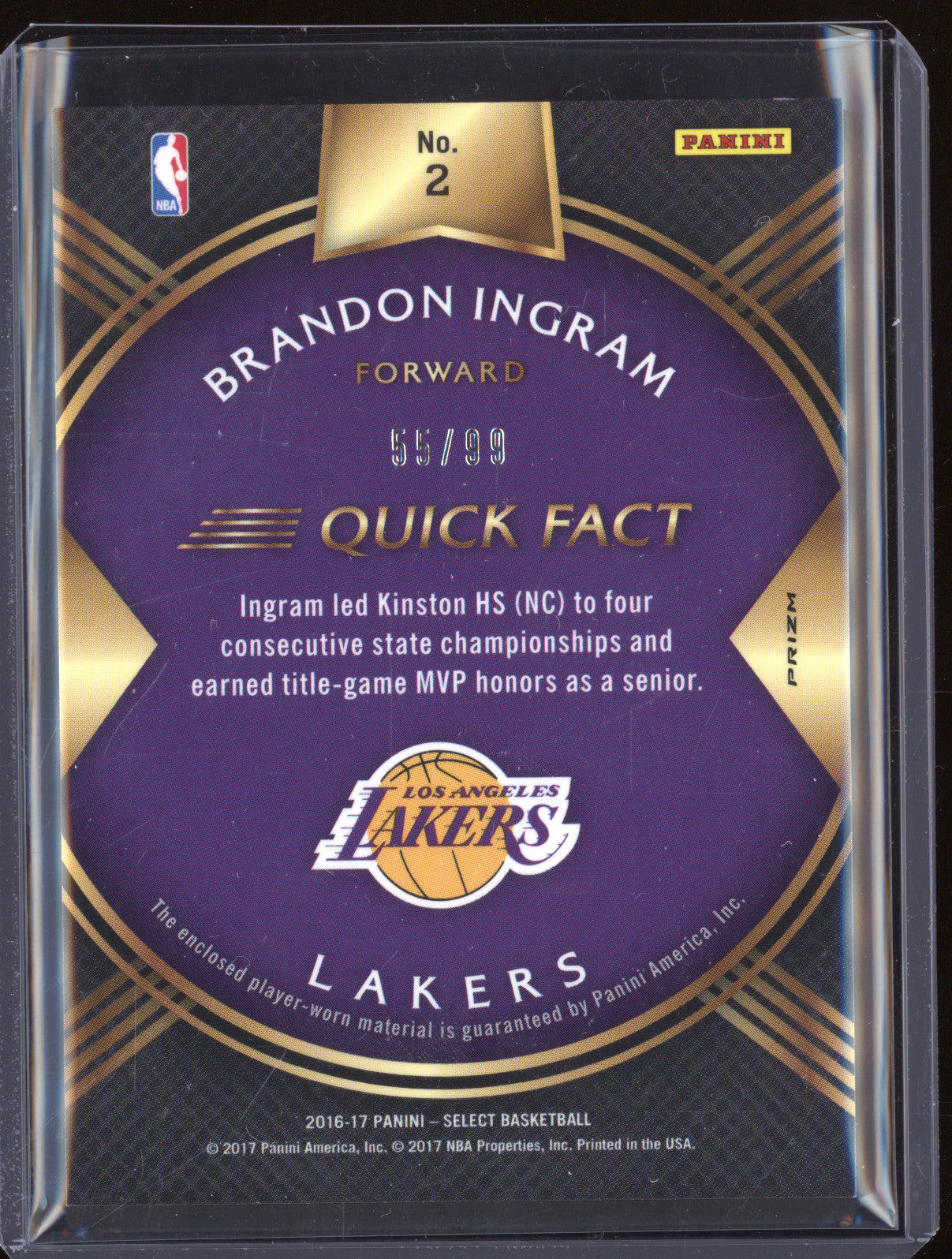 Brandon Ingram 2016-17 Panini Select 2 Rookie Swatches Silver RC 55/99