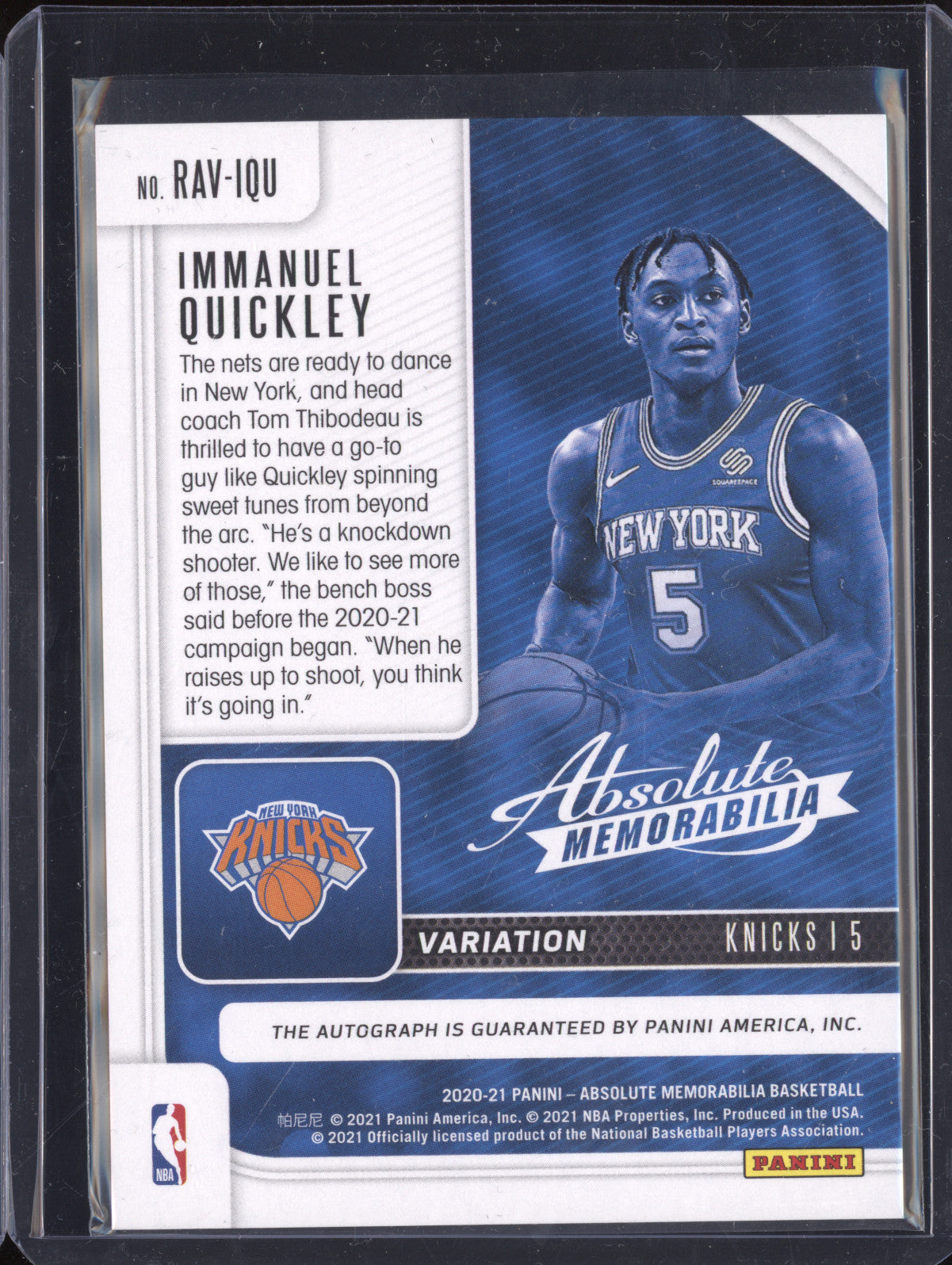 Immanuel Quickley 2020-21 Panini Absolute RAV-IQU Rookie Auto Variation RC