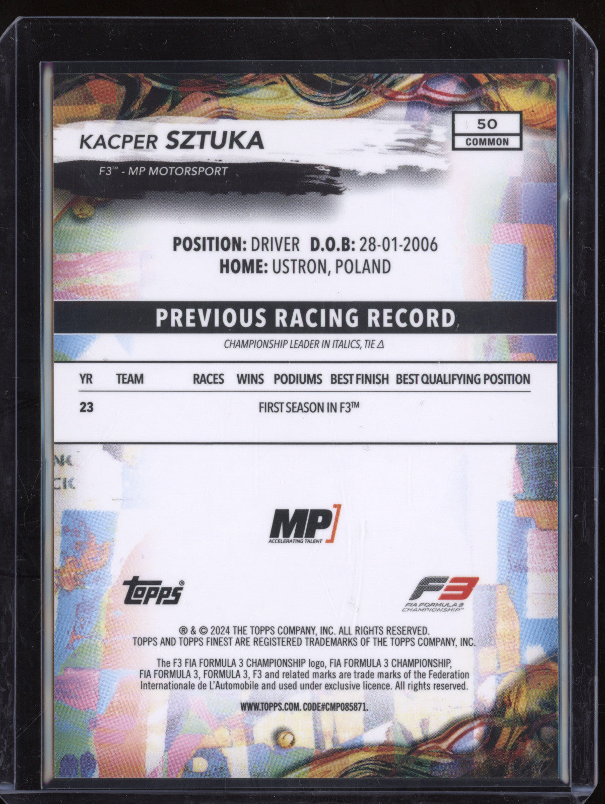 Kacper Sztuka 2024 Topps Finest 50 Common Gold Refractor 5/50