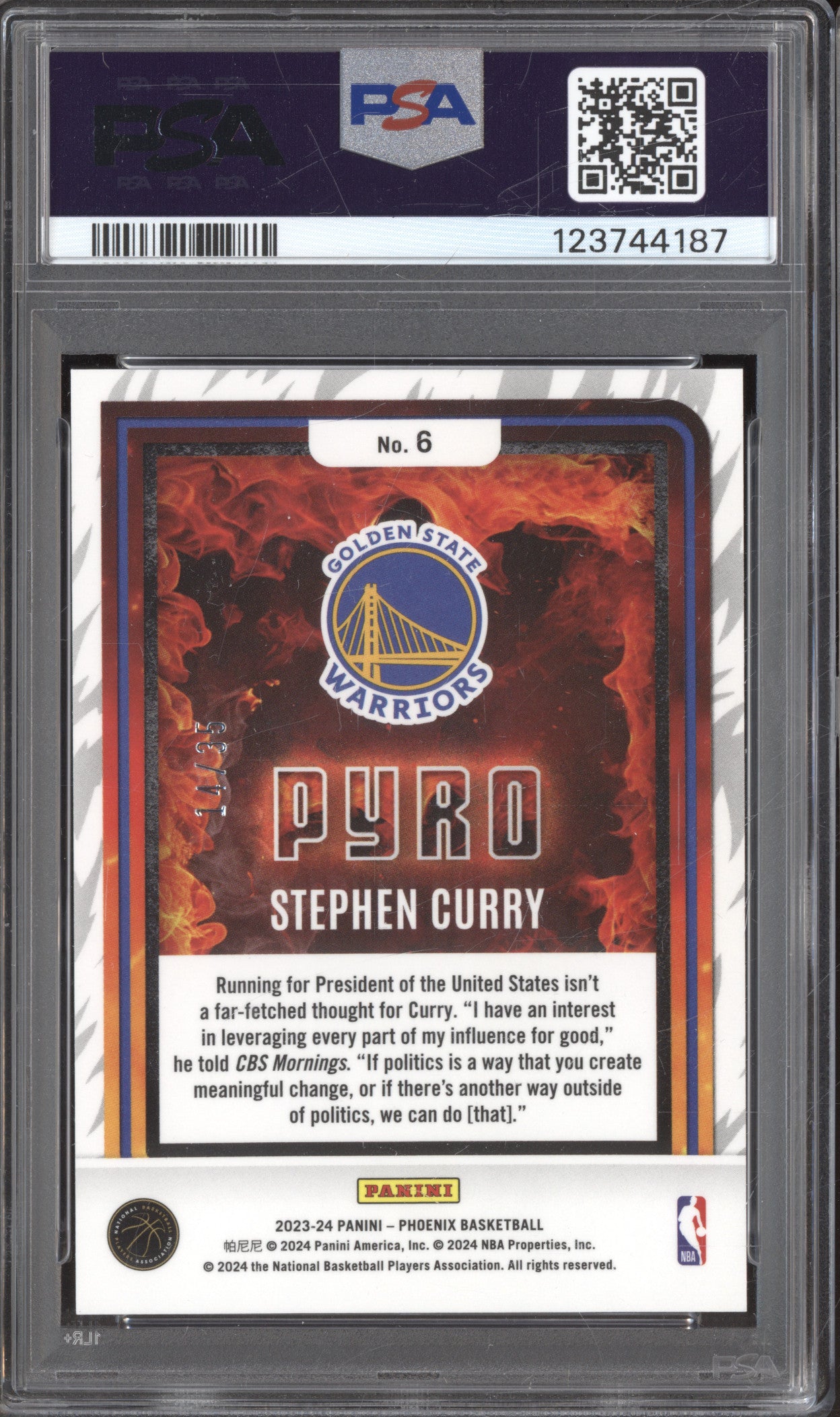 2023-24 Panini Phoenix 6 Stephen Curry Pyro Blue International 14/35 PSA 8