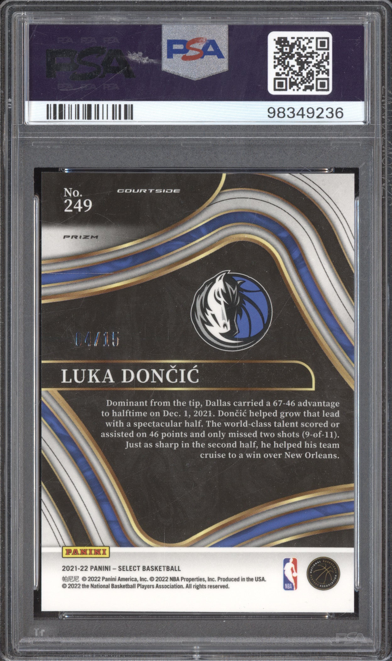 Luka Doncic 2021-22 Panini Select 249 Neon Orange Pulsar 4/15 PSA 10