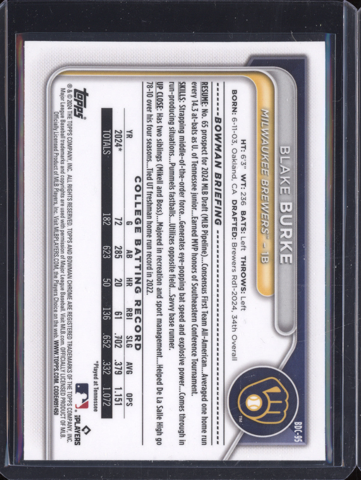 Blake Burke 2024 Bowman Draft BDC-95 Chrome Purple Refractor 44/250