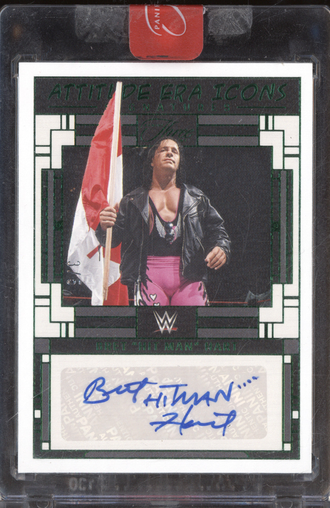 Bret "Hit-Man" Hart Panini Three Count AE-BHM Attitude Era Icons Auto Green /5