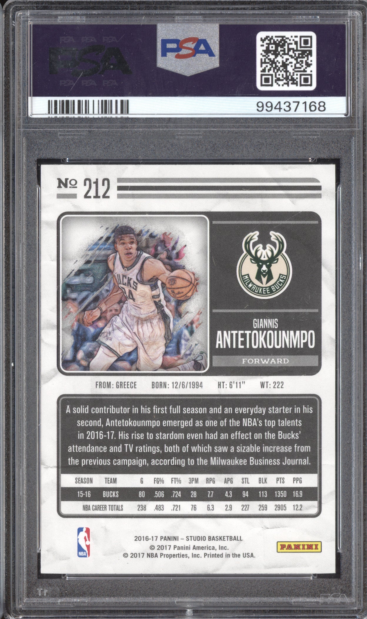 Giannis Antetokounmpo 2016-17 Panini Studio 212 PSA 8
