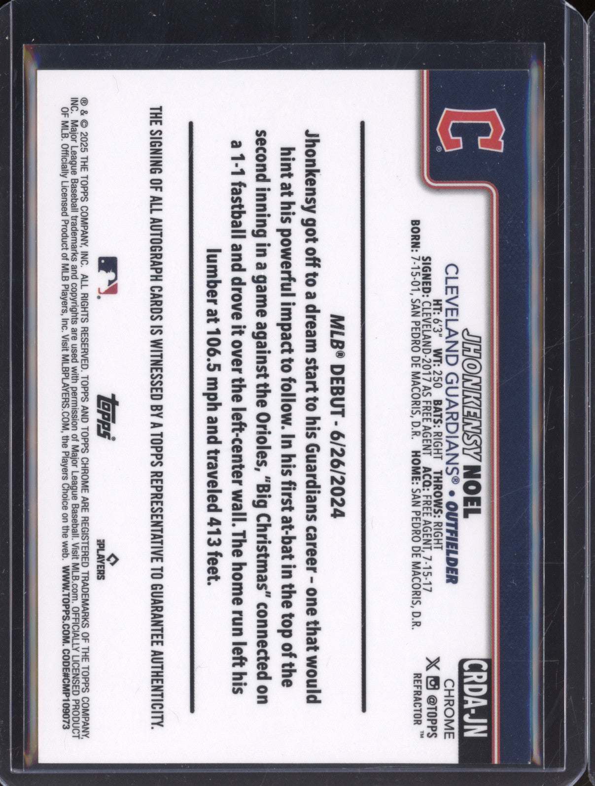 Jhonkensy Noel 2025 Topps Chrome Update CRDA-JN Refractor RC Auto /499