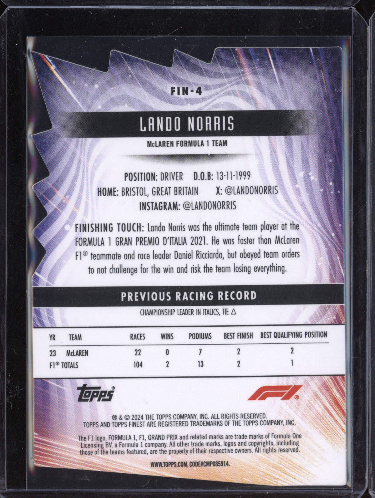 Lando Norris 2024 Topps Finest FIN-4 Finishers Die-Cut 62/74